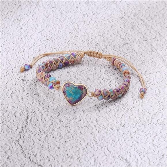 Jasper Heart Bracelet Adjustable Beaded Braided Handmade Jewelry Gift for Women - Picture 5 of 8